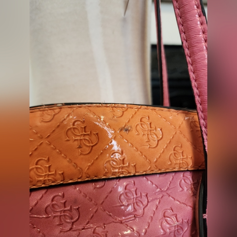 Guess Patchwork Satchel Tote Bag Pink Orange Quilted Logo - Picture 8 of 16